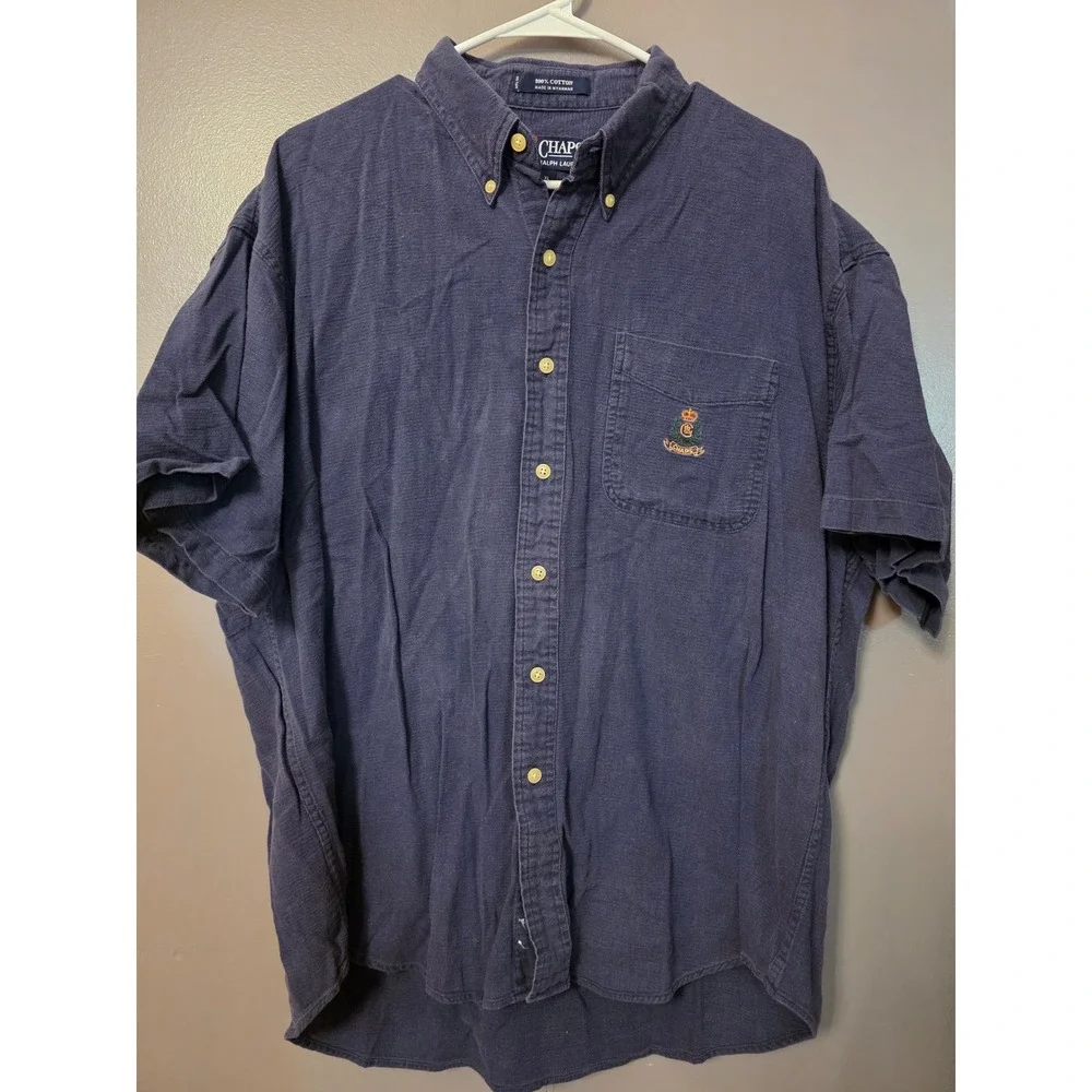 Chaps Ralph Lauren Mens XL Navy Blue Short Sleeve Button Down Crest Logo Shirt